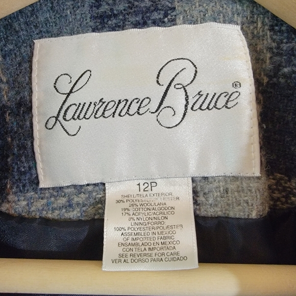 Lawrence Bruce Navy Gray Plaid Wool Blend Blazer 12P Single Breasted Minimalist - Picture 10 of 11